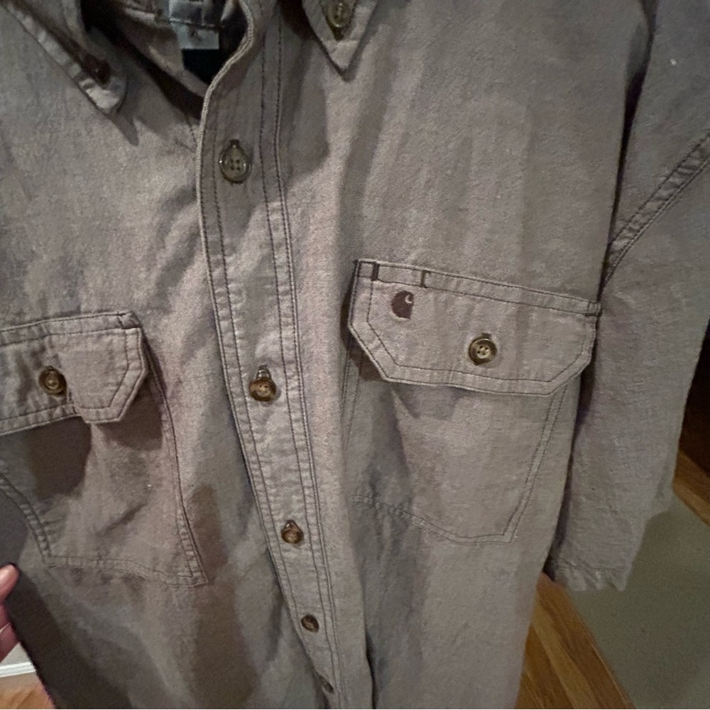 Men’s CARHARTT XL brown grey button up collared shirt linen feel relaxed fit - Picture 6 of 11